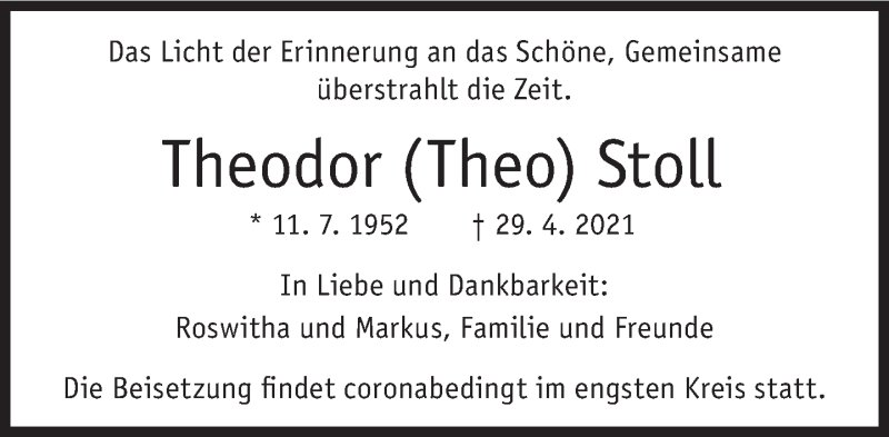  Traueranzeige für Theodor Stoll vom 12.06.2021 aus Süddeutsche Zeitung
