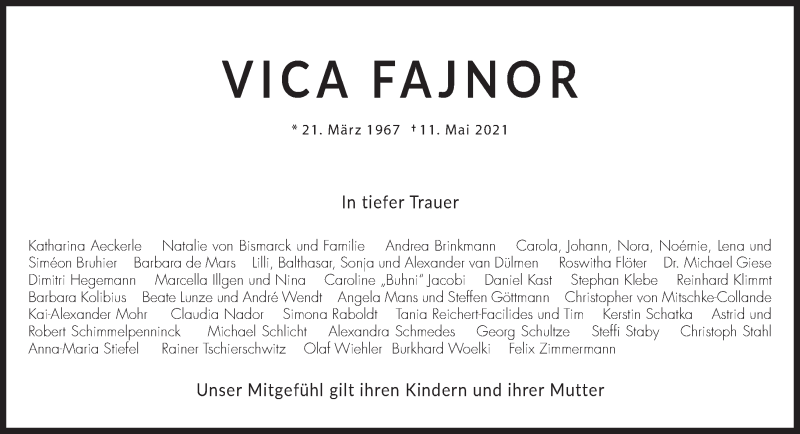  Traueranzeige für Vica Fajnor vom 15.05.2021 aus Süddeutsche Zeitung