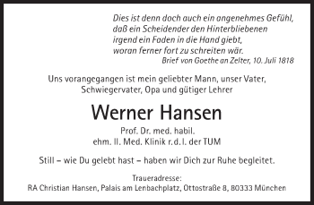 Traueranzeige von Werner Hansen von Süddeutsche Zeitung