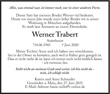Traueranzeige von Werner Trabert von Süddeutsche Zeitung