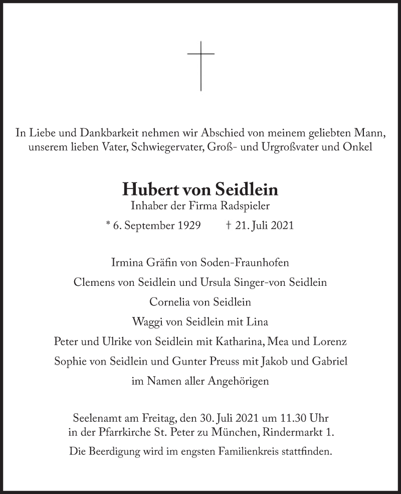  Traueranzeige für Hubert von Seidlein vom 24.07.2021 aus SÜDDEUTSCHE ZEITUNG
