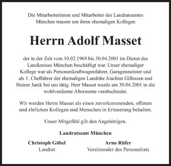 Traueranzeige von Adolf Masset von Süddeutsche Zeitung