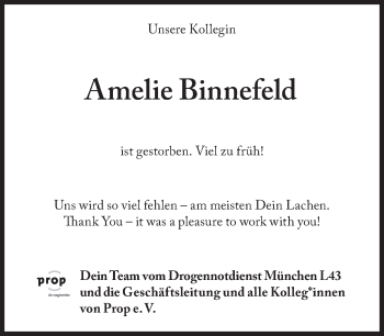 Traueranzeige von Amelie Binnefeld von Süddeutsche Zeitung