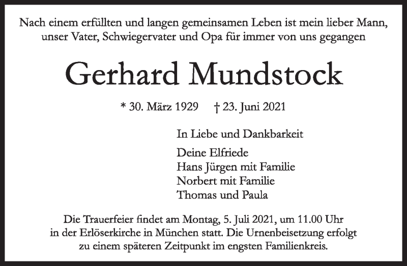  Traueranzeige für Gerhard Mundstock vom 03.07.2021 aus Süddeutsche Zeitung