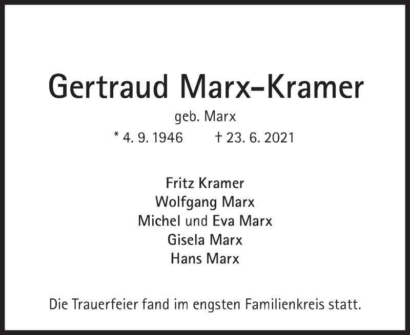  Traueranzeige für Gertraud Marx-Kramer vom 03.07.2021 aus Süddeutsche Zeitung