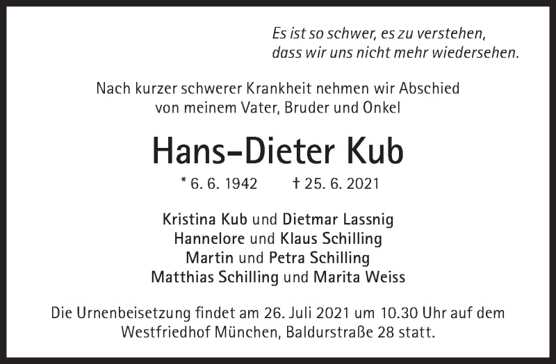  Traueranzeige für Hans-Dieter Kub vom 17.07.2021 aus Süddeutsche Zeitung
