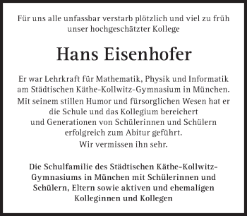 Traueranzeige von Hans Eisenhofer von Süddeutsche Zeitung