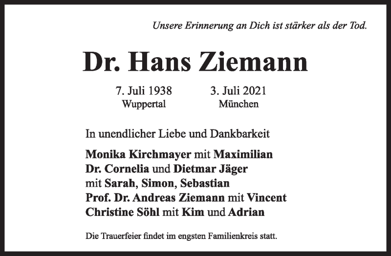  Traueranzeige für Hans Ziemann vom 10.07.2021 aus Süddeutsche Zeitung