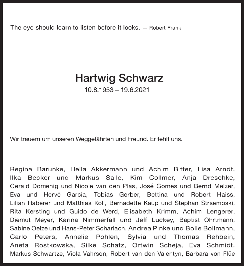 Anzeige von  Hartwig Schwarz