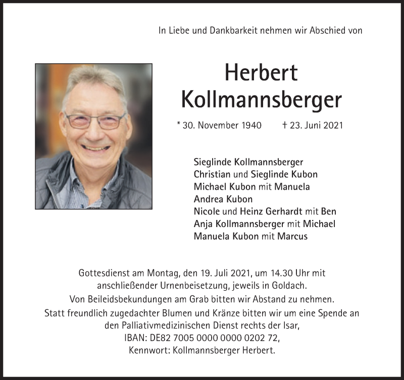  Traueranzeige für Herbert Kollmannsberger vom 14.07.2021 aus Süddeutsche Zeitung