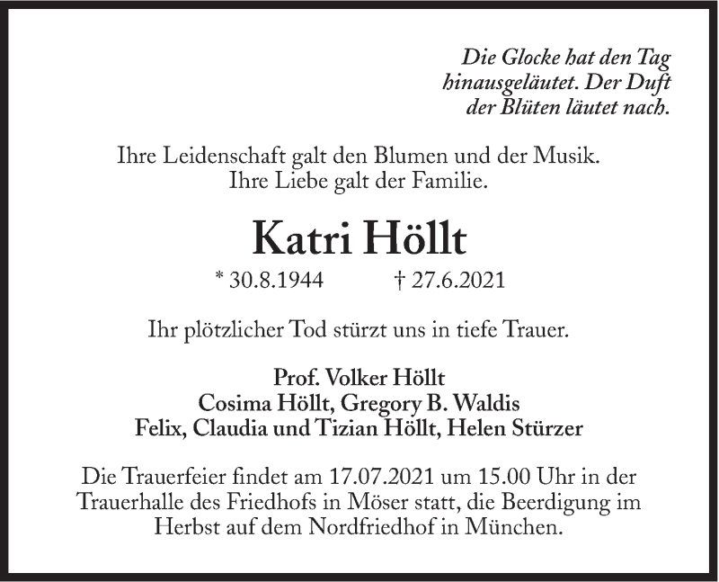  Traueranzeige für Katri Höllt vom 03.07.2021 aus Süddeutsche Zeitung