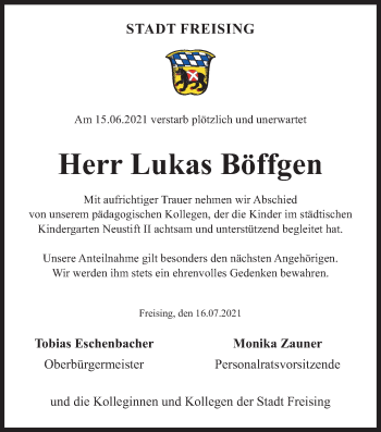 Traueranzeige von Lukas Böffgen von Süddeutsche Zeitung