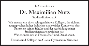 Traueranzeige von Maximilian Nutz von Süddeutsche Zeitung