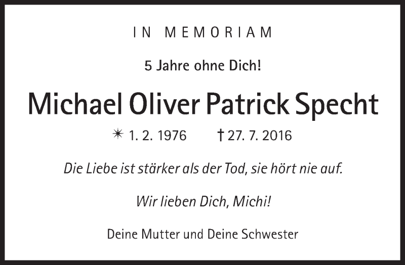  Traueranzeige für Michael Oliver Patrick Specht vom 24.07.2021 aus Süddeutsche Zeitung
