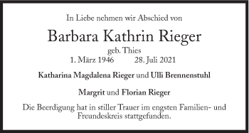 Traueranzeige von Barbara Kathrin Rieger von Süddeutsche Zeitung