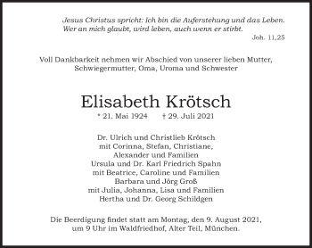 Traueranzeige von Elisabeth Krötsch von Süddeutsche Zeitung