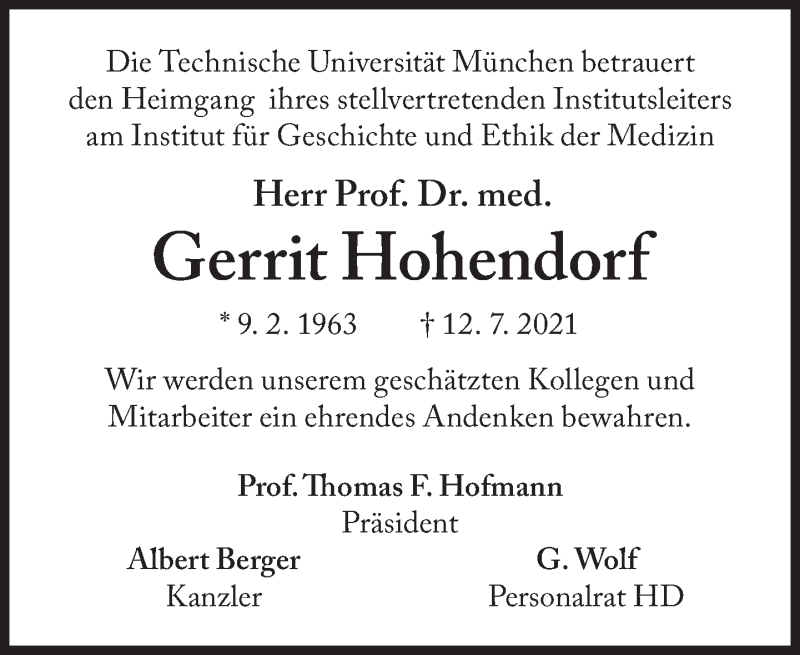  Traueranzeige für Gerrit Hohendorf vom 24.07.2021 aus Süddeutsche Zeitung