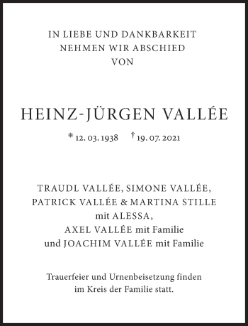 Traueranzeige von Heinz-Jürgen Vallée von Süddeutsche Zeitung