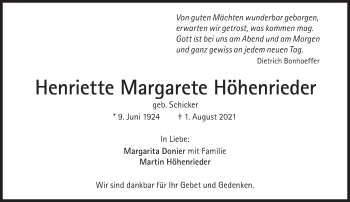 Traueranzeige von Henriette Margarete Höhenrieder von Süddeutsche Zeitung