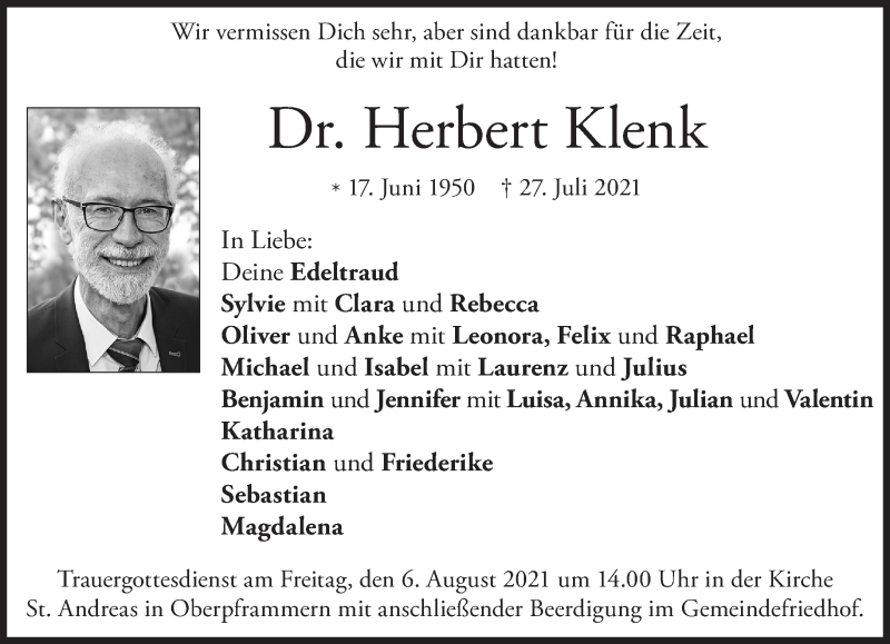  Traueranzeige für Herbert Klenk vom 31.07.2021 aus Süddeutsche Zeitung