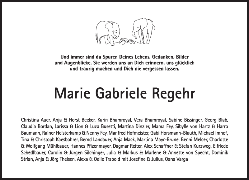  Traueranzeige für Marie Gabriele Regehr vom 24.07.2021 aus Süddeutsche Zeitung