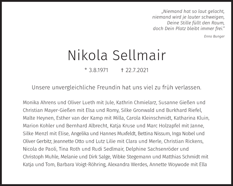  Traueranzeige für Nikola Sellmair vom 31.07.2021 aus Süddeutsche Zeitung