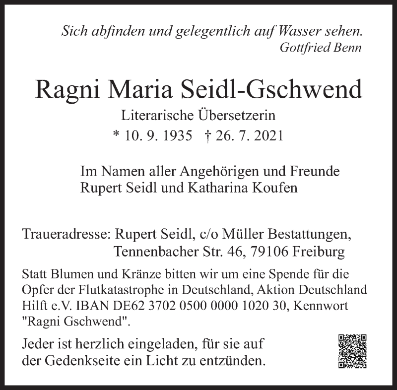  Traueranzeige für Ragni Maria Seidl-Gschwend vom 31.07.2021 aus Süddeutsche Zeitung
