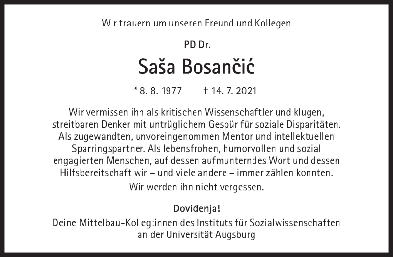  Traueranzeige für Saša Bosancic vom 24.07.2021 aus Süddeutsche Zeitung