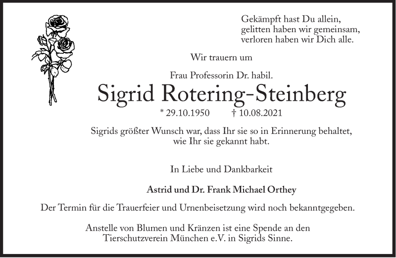  Traueranzeige für Sigrid Rotering-Steinberg vom 14.08.2021 aus Süddeutsche Zeitung
