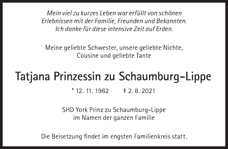  Traueranzeige für Tatjana Prinzessin zu Schaumburg-Lippe vom 07.08.2021 aus Süddeutsche Zeitung