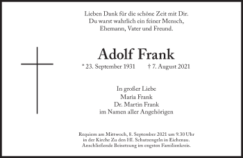 Traueranzeige von Adolf Frank von Süddeutsche Zeitung