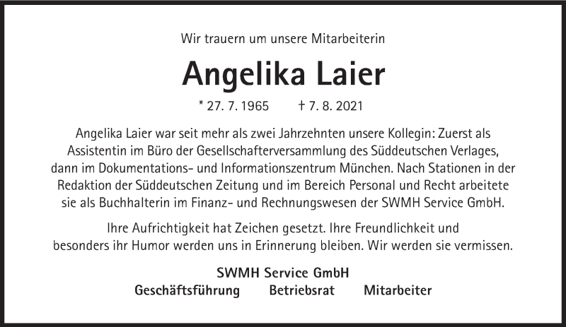  Traueranzeige für Angelika Laier vom 14.08.2021 aus Süddeutsche Zeitung