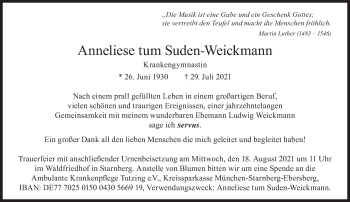 Traueranzeige von Anneliese tum Suden-Weickmann von Süddeutsche Zeitung
