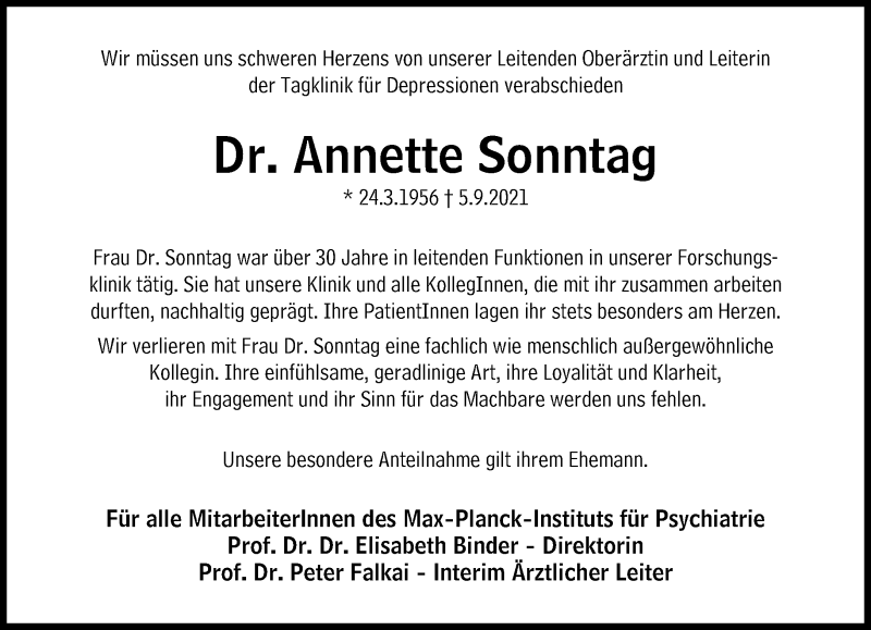 Traueranzeige für Annette Sonntag vom 11.09.2021 aus Süddeutsche Zeitung