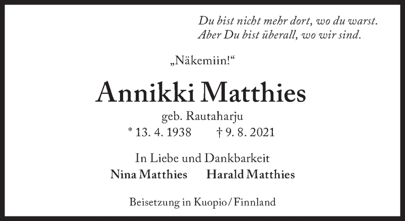  Traueranzeige für Annikki Matthies vom 14.08.2021 aus Süddeutsche Zeitung