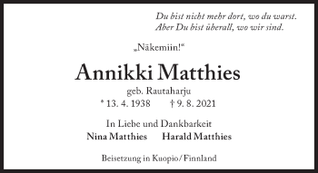 Traueranzeige von Annikki Matthies von Süddeutsche Zeitung