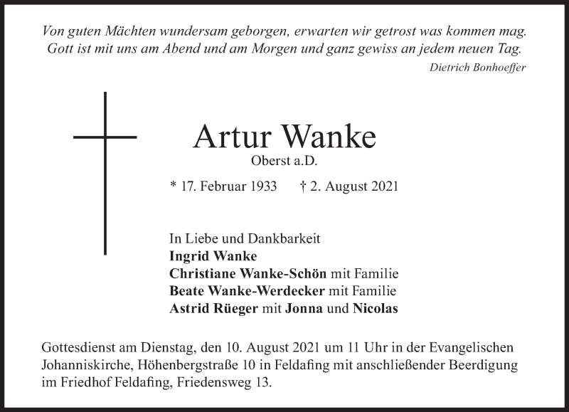  Traueranzeige für Artur Wanke vom 06.08.2021 aus Süddeutsche Zeitung