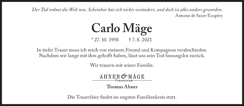  Traueranzeige für Carlo Mäge vom 14.08.2021 aus Süddeutsche Zeitung