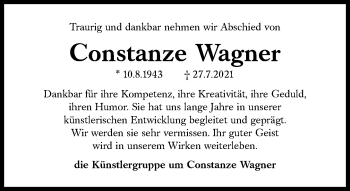Traueranzeige von Constanze Wagner von Süddeutsche Zeitung