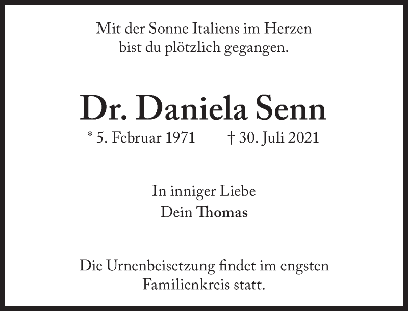  Traueranzeige für Daniela Senn vom 04.08.2021 aus Süddeutsche Zeitung
