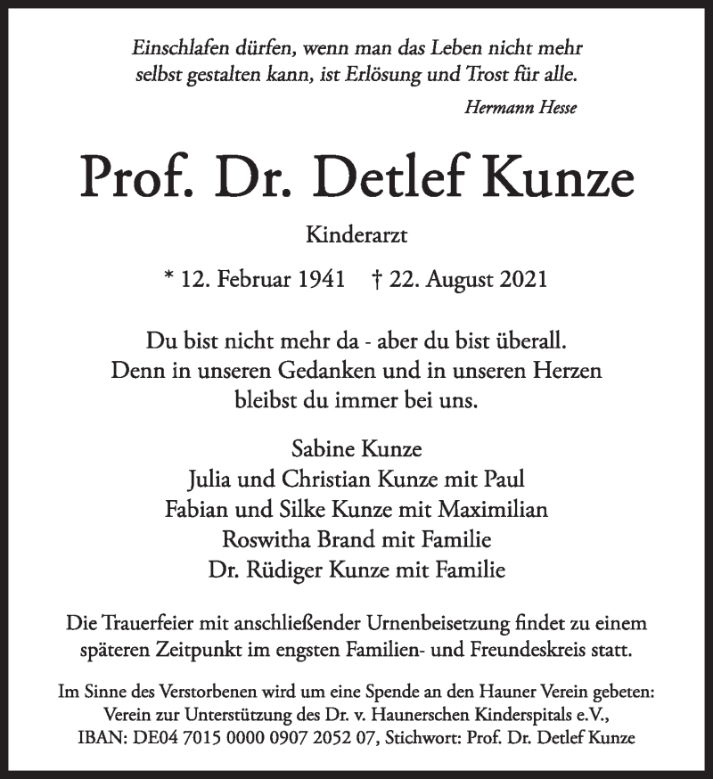  Traueranzeige für Detlef Kunze vom 04.09.2021 aus Süddeutsche Zeitung