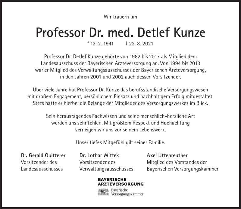  Traueranzeige für Detlef Kunze vom 04.09.2021 aus Süddeutsche Zeitung
