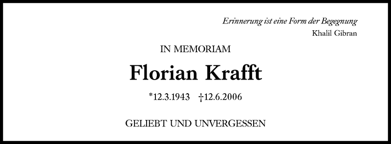 Traueranzeige für Florian Krafft vom 12.06.2021 aus Süddeutsche Zeitung