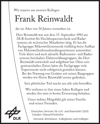 Traueranzeige von Frank Reinwaldt von Süddeutsche Zeitung