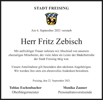 Traueranzeige von Fritz Zebisch von Süddeutsche Zeitung