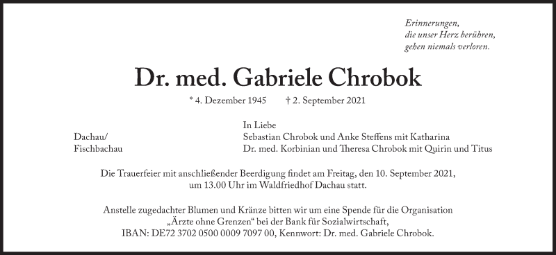  Traueranzeige für Gabriele Chrobok vom 04.09.2021 aus Süddeutsche Zeitung