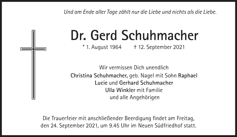  Traueranzeige für Gerd Schuhmacher vom 18.09.2021 aus Süddeutsche Zeitung