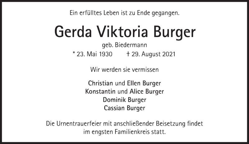  Traueranzeige für Gerda Viktoria Burger vom 04.09.2021 aus Süddeutsche Zeitung