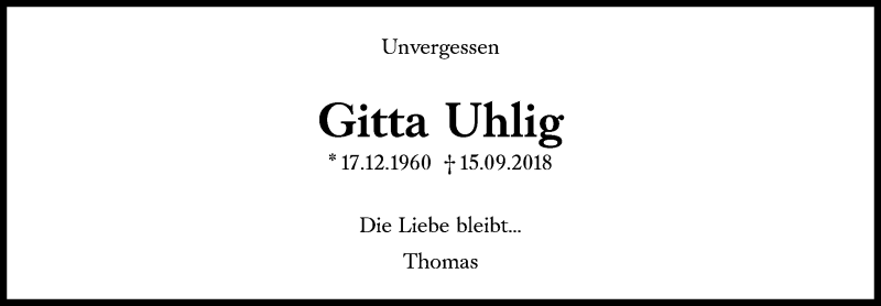  Traueranzeige für Gitta Uhlig vom 18.09.2021 aus Süddeutsche Zeitung