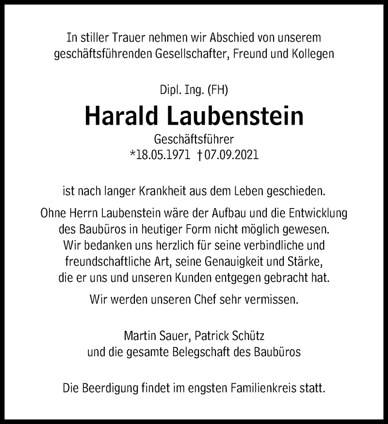  Traueranzeige für Harald Laubenstein vom 17.09.2021 aus Süddeutsche Zeitung